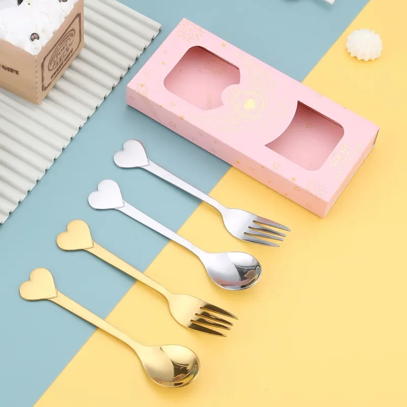 Stirring Dessert Spoons Forks Portable 304 Stainless Steel Kitchen Tableware Heart Sand Ice Cream Cake Coffee Honey Spoon Fork