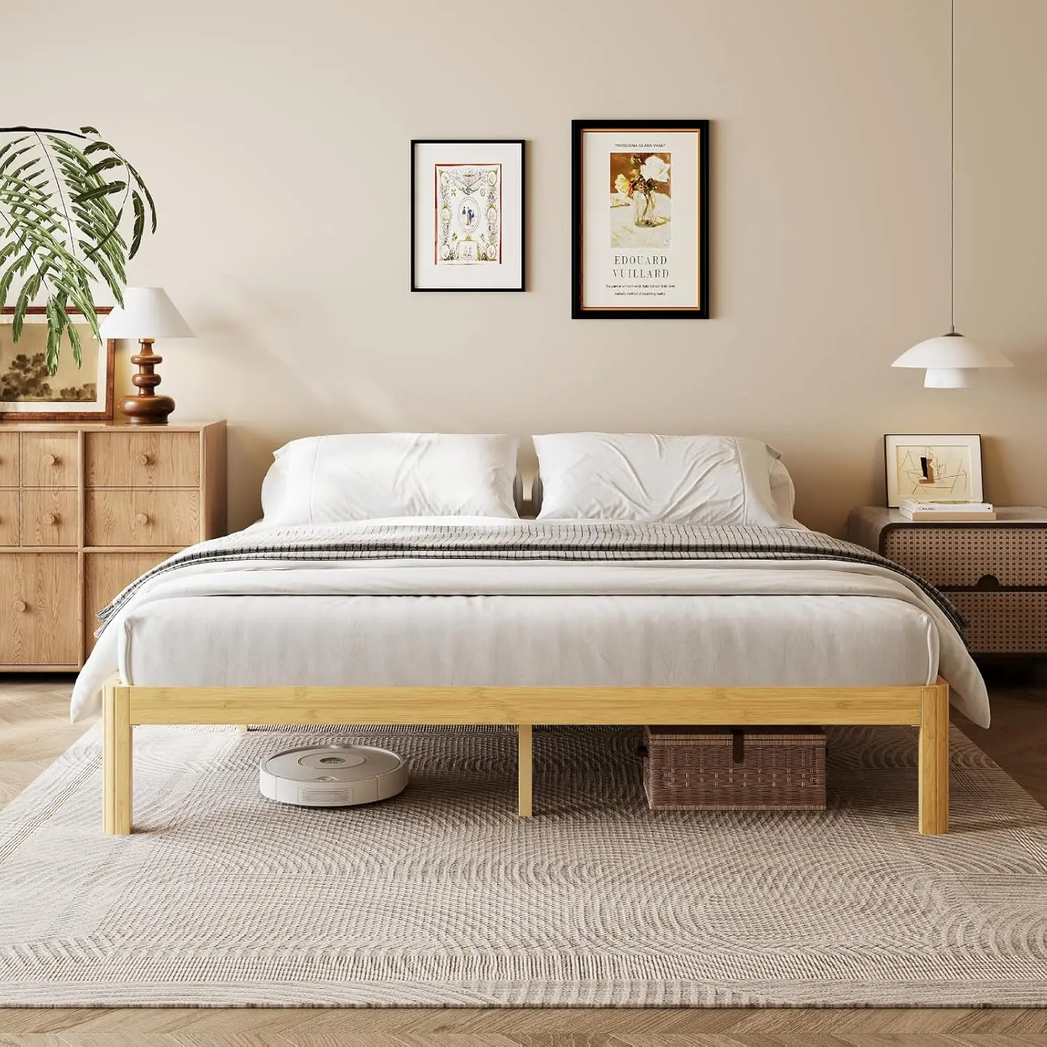 COMASACH 14 Inch King Bamboo Platform Bed，Mid-Century Wood Bed Frame King Size, No Box Spring Needed, Natural Finish, Easy Assem