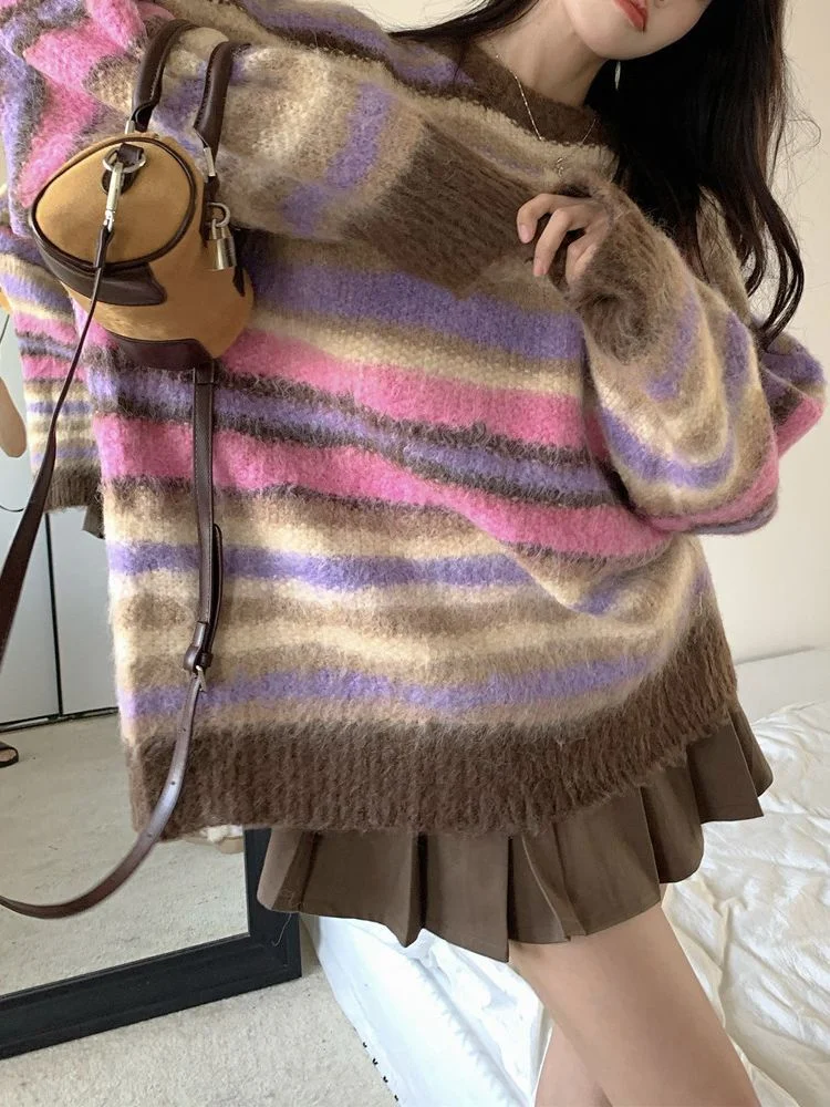 فضفاض سويتر مقلم للنساء الخريف الشتاء الملونة لينة س الرقبة البلوز النسخة الكورية تنوعا طويلة الأكمام تريكو #4