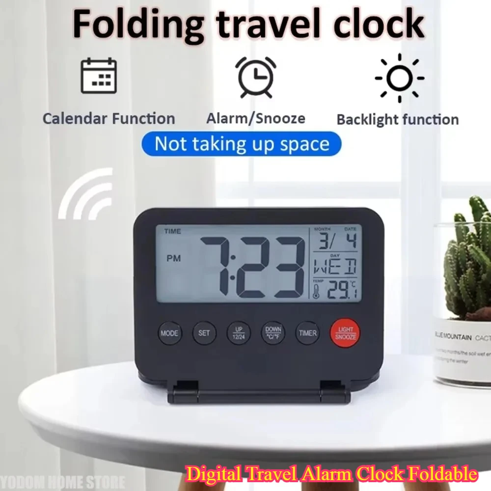 

Цифровой дорожный будильник, складной, с подсветкой календаря, повтором температуры, ЖК-термометром