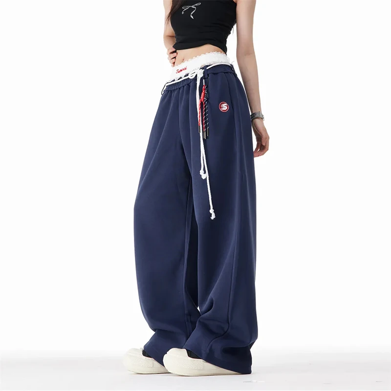 Blue Sweatpants Women Harajuku High-Waisted Loose Fashion Casual Wide-Leg Pants Lazy Tie Street Dance Jazz Hip-Hop Trousers