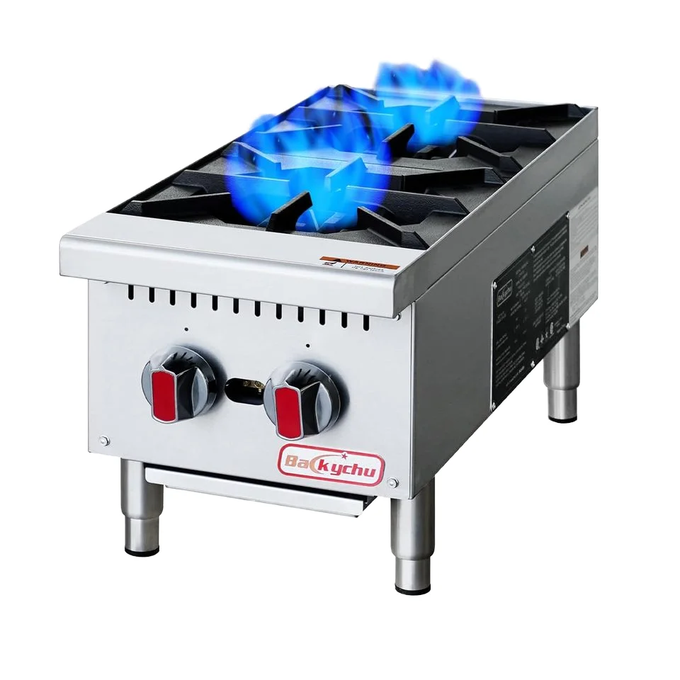 

Commercial Kitchen Equipment 2-Burner 50,000 BTU Countertop Stainless Steel Gas Stove Heavy-Duty Hot Plate For Kitchen Cooking