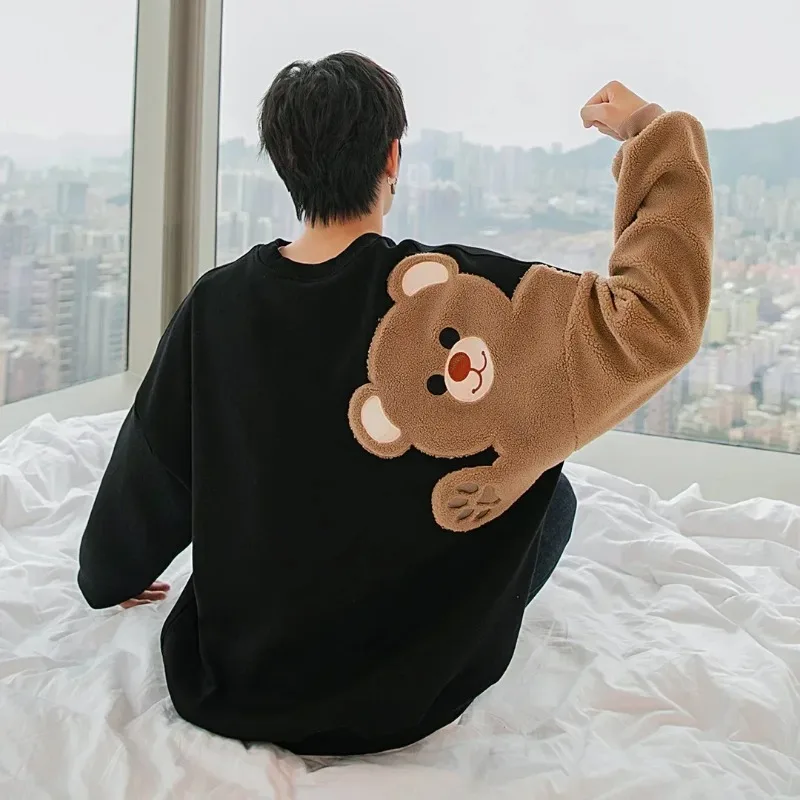 2023 Man Teddy Bear Sweatshirt  Autumn Plush Thick Black Women Pullovers O Neck Lamb Embroidery Coat Sweatshirt Long-sleeved