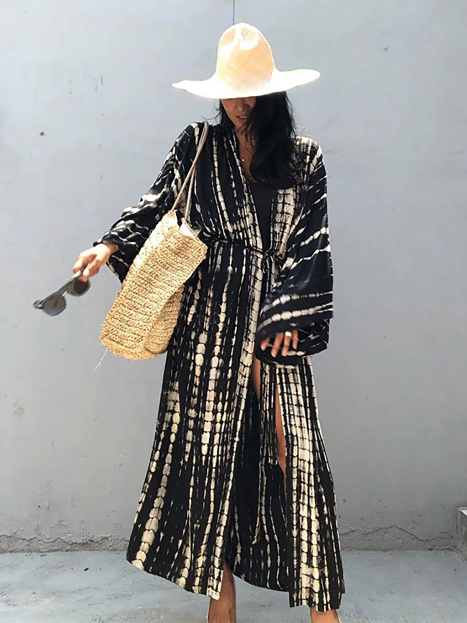 New Striped Tie Dye Kimono Beach Cape Women Bikini Cover Up Pareo Have Belt Separately Cardigan Summer Outfits Dresses Beachwear