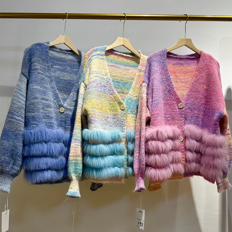 2025 Autumn Women Real Fox Fur Sweater Real Fur Spring Special Color Knitted Jacket Wear