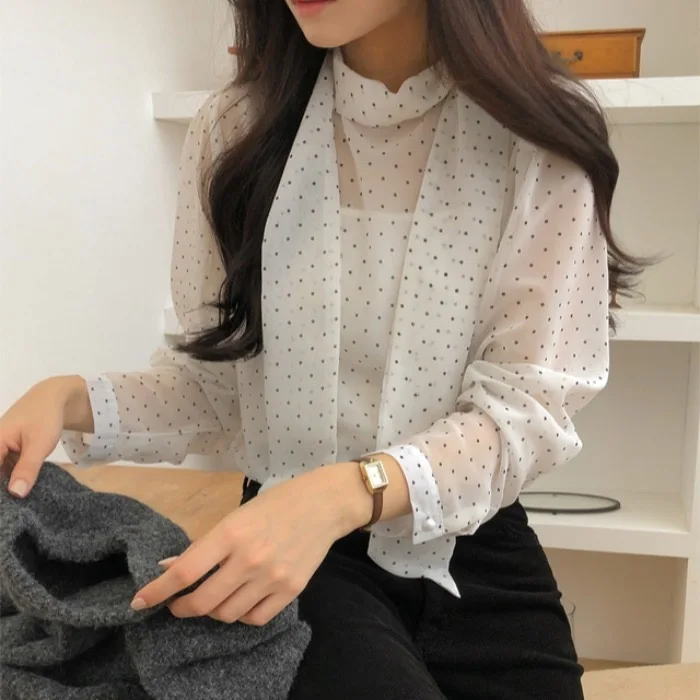 

Elegant Korean Style Long Sleeve Shirt with Sash And Draped Design Polka Dot Inner Wear Layering Women's Fashion Spring