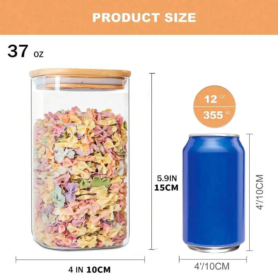 6PCS Glass Storage Jars, 37oz Clear Glass Food Storage Container With Sealed Bamboo Lid Stackable Kitchen Jars For Candy, Biscuits, Rice, Sugar, Flour, Pasta, Nuts & Spice Jars (Square) view 7
