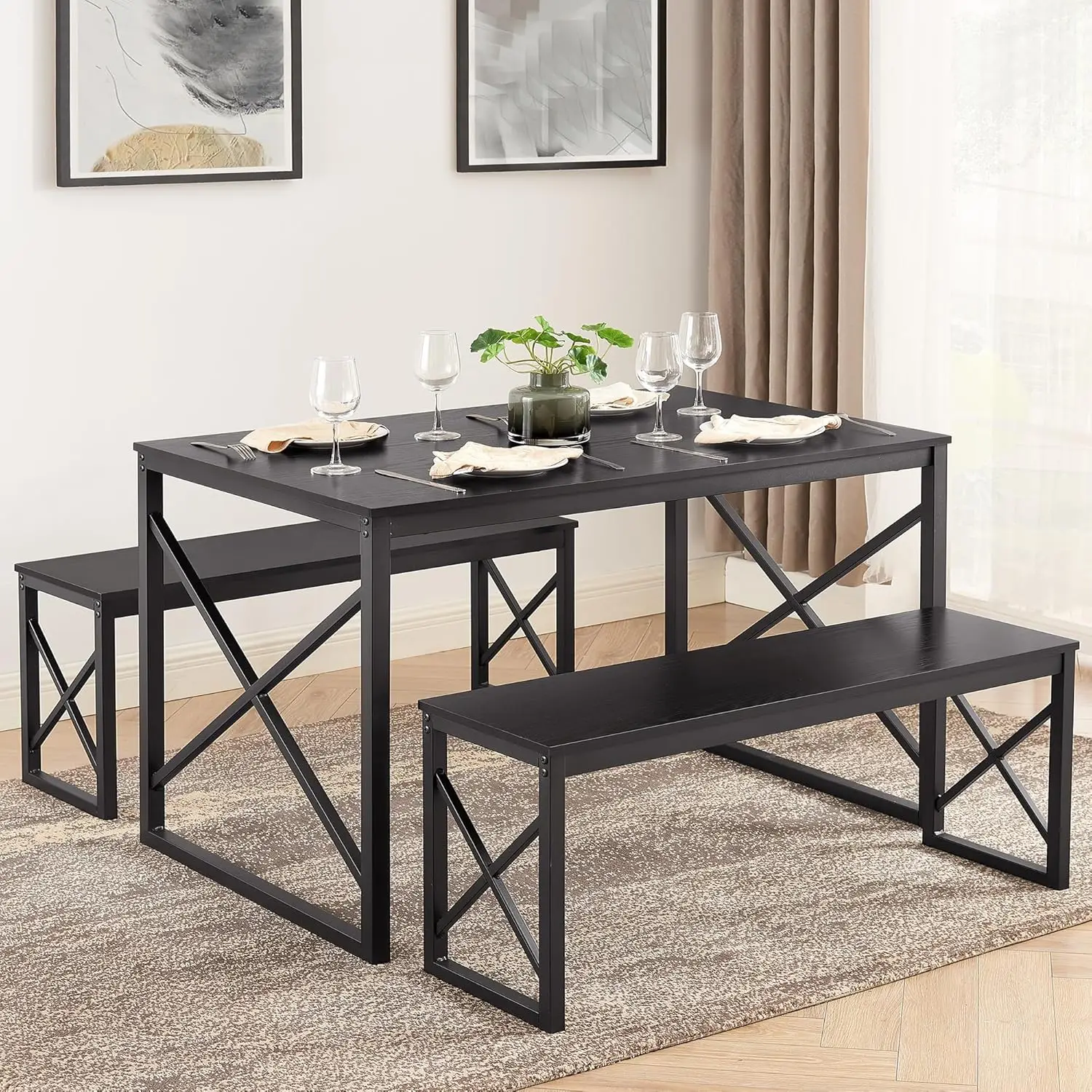 Kitchen Table with 2 Benches for 4, Wood Dining Room Dinette Sets with Metal Frame for Breakfast Nook and Small Space, Black