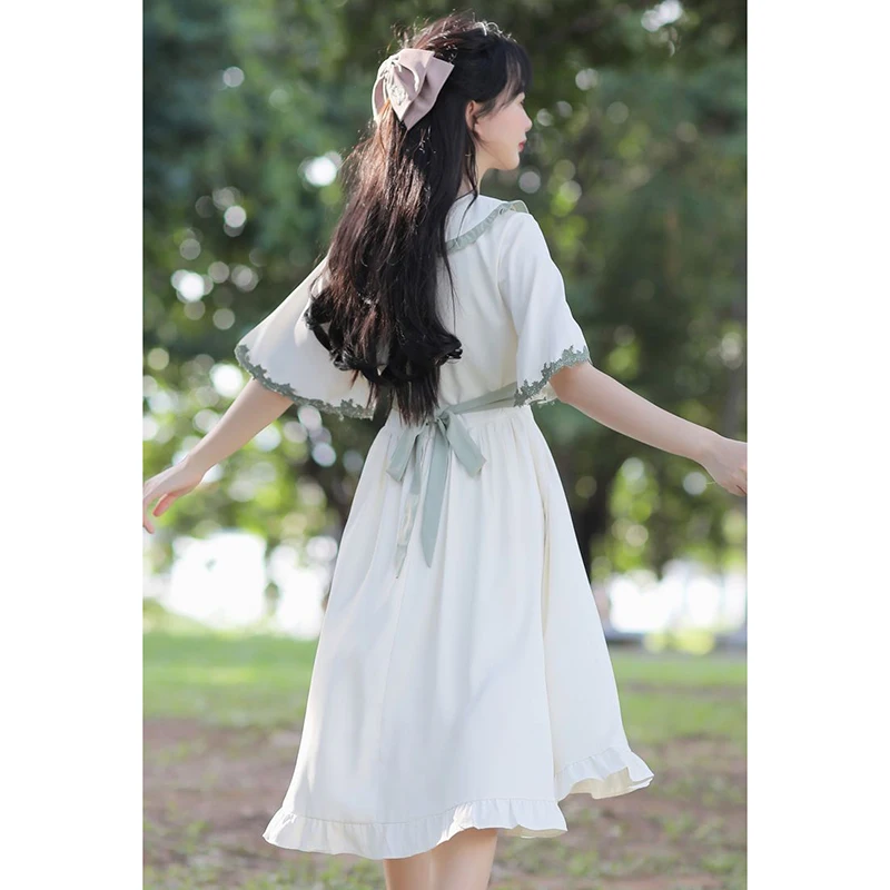 Sweet Peter Pan Collar Bandage Folds Bow Princess Dress Female Clothing 2024 Summer New Loose All-match Flare Sleeve Midi Dress