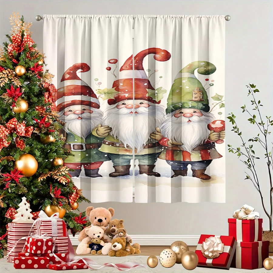 2PCS Christmas Winter Curtains, Watercolor Gnome Three Hat Red Green White, Digital Print, Bedroom Living Room, Home Decor