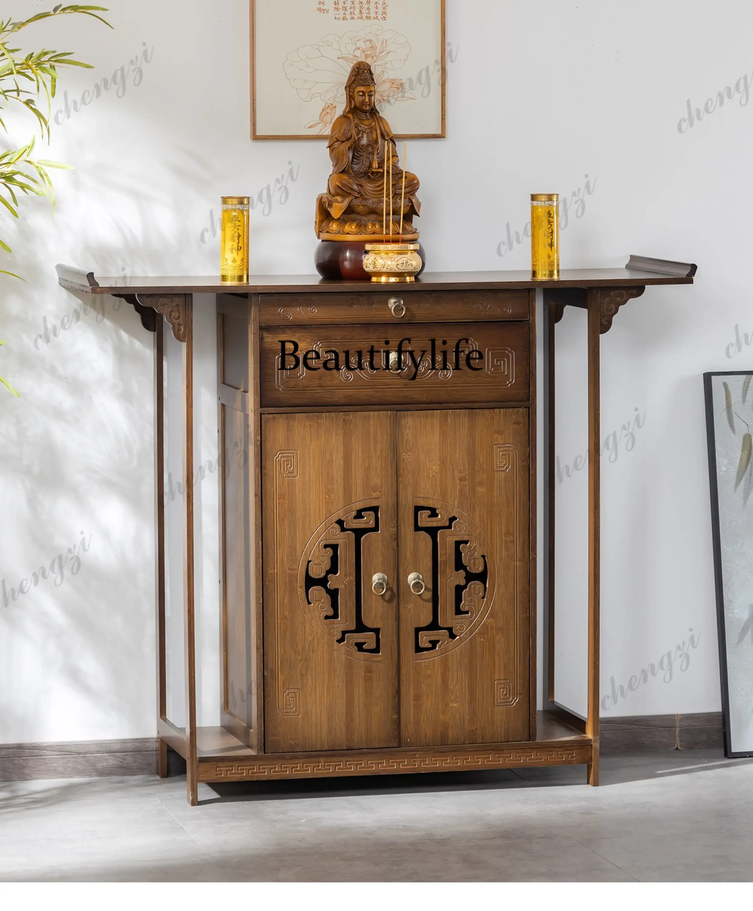 F182 heightened table incense case household God of Wealth Guanyin table new Chinese vertical cabinet with door