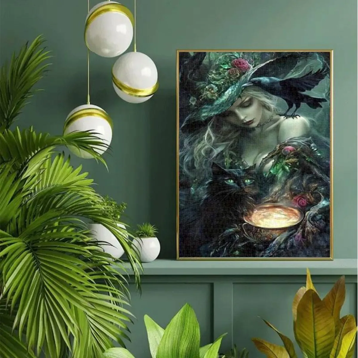 Rompecabezas de bruja de fantasía, gato negro con cuervos en el lado, olla mágica reflectante, brillo misterioso, 1000 Uds., desbloquea el Fantas