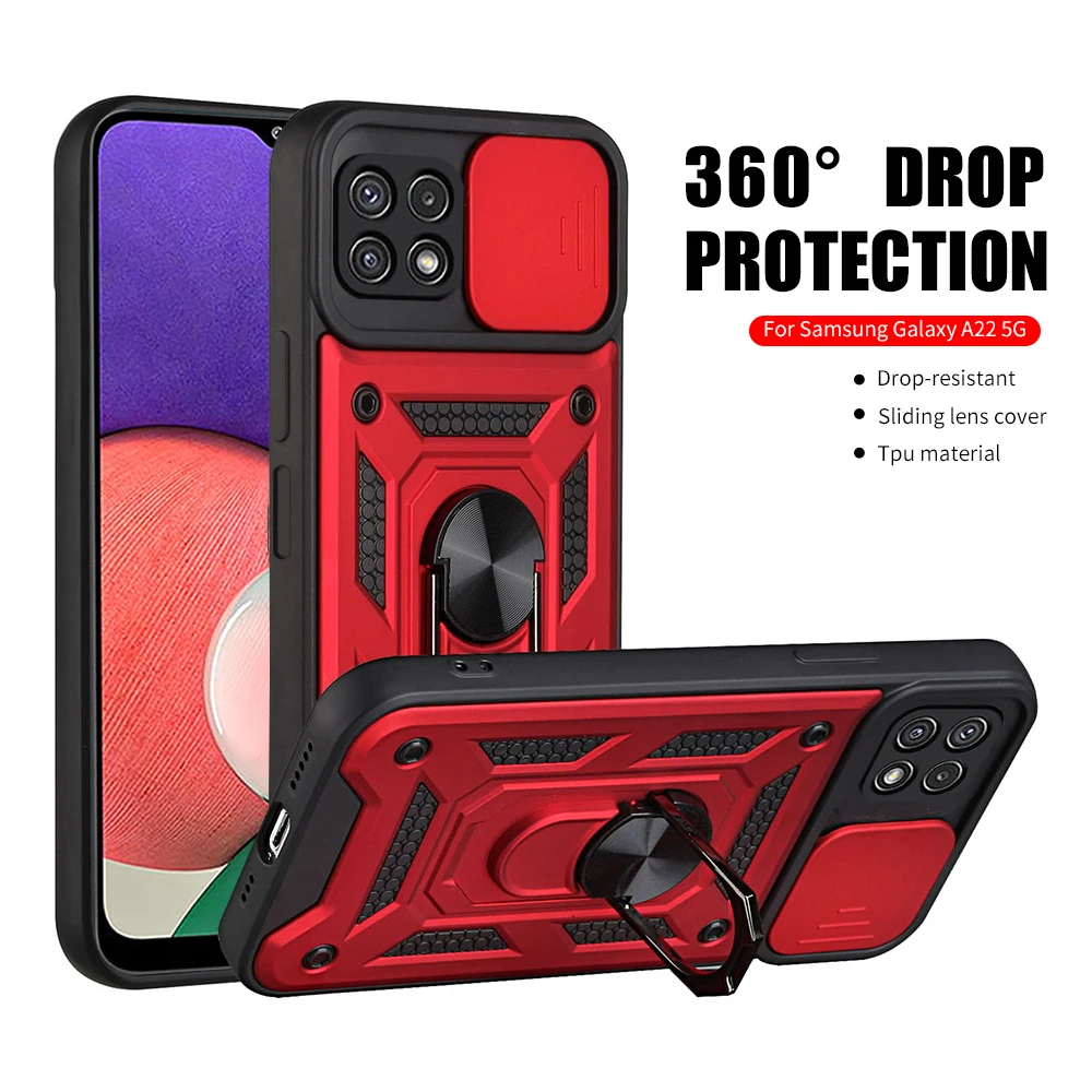 Slide Camera Lens Protective Case For Samsung Galaxy A22 5G Shockproof  Cover For Samsung A22 A 22 with Ring Magnet Stand Coque