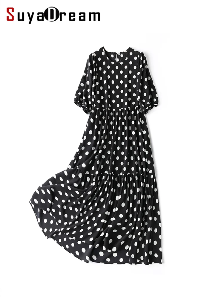 

SuyaDream Women Dots Long Dresses 100%Mulberry Silk Printed A Line Puff Sleeves Dress 2023 Spring Summer Holiday Clothes Black