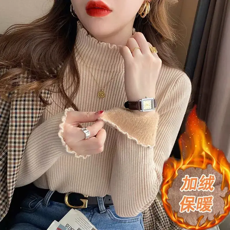 여성용 한국 하프 하이넥 스웨터, 편안한 우아한 니트 하의 셔츠, 플리스 따뜻한 긴팔 상의, 가을 및 겨울 신상