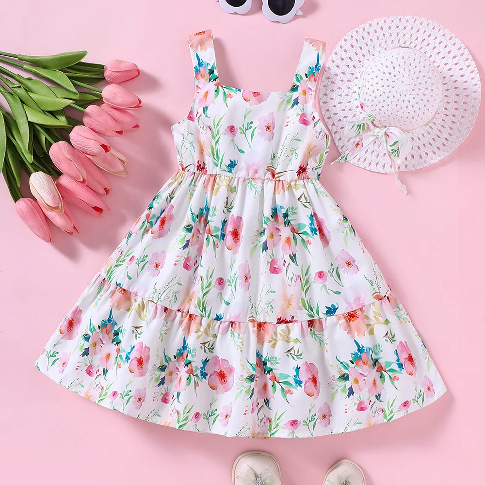 

2024 Summer New Arrival Girls Sleeveless Print Floral Pink Roupa Infantil Menina Cute Party Dress Custume 4-9T