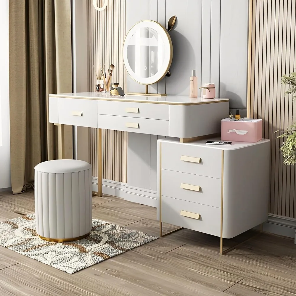 Makeup Vanity Desk , Freely Movable Side Cabinet, Glass Desktop Dressing Table, Microfiber Leather