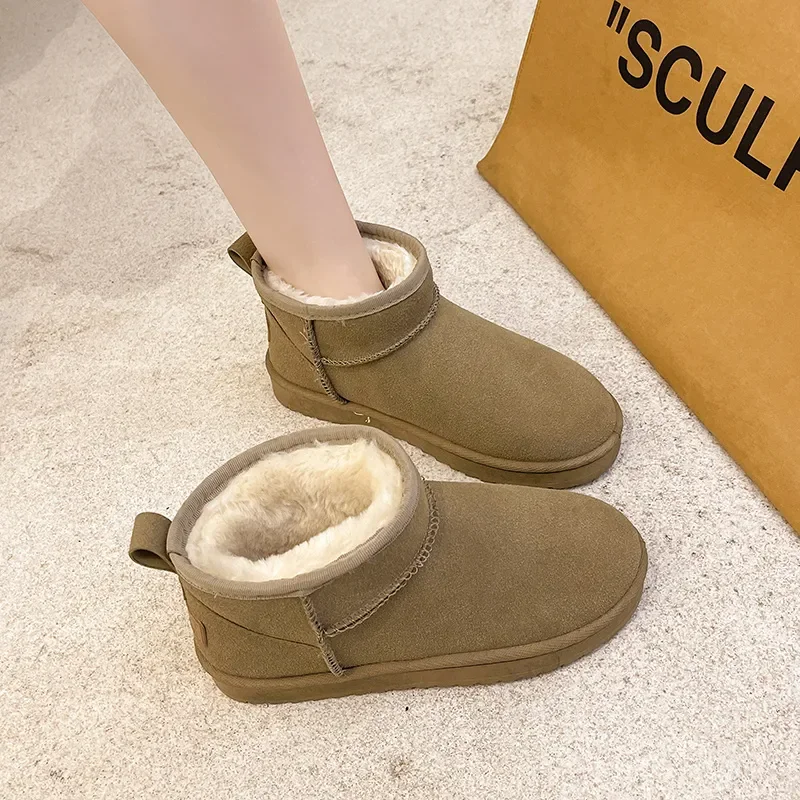 New Snow Boot Style Short Mini Winter Sheepskin Boots Women Waterproof Natural Wool Ankle Boots Fur Lined Ankle Warm Flat Shoes