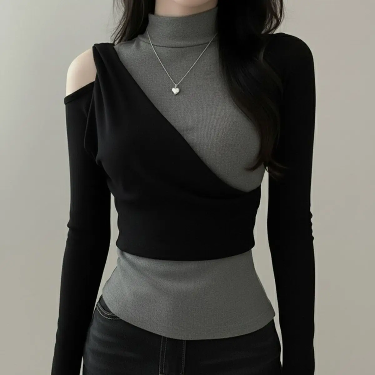 Women's Silm Off-shoulder Tops Fall and Wintercontrast Colorhigh Collarfake Two-piece Bottom Shirtpatchworklong Sleevest-shirt