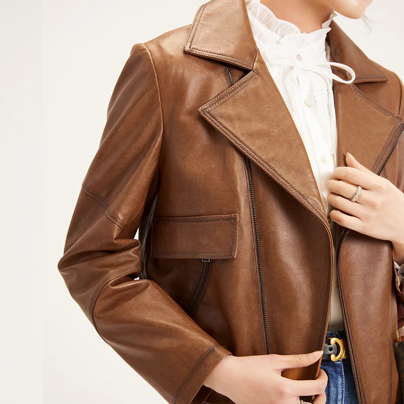 Женская короткая мотоциклетная кожаная куртка, текстурная короткая куртка из смешанной овечьей шкуры, осень