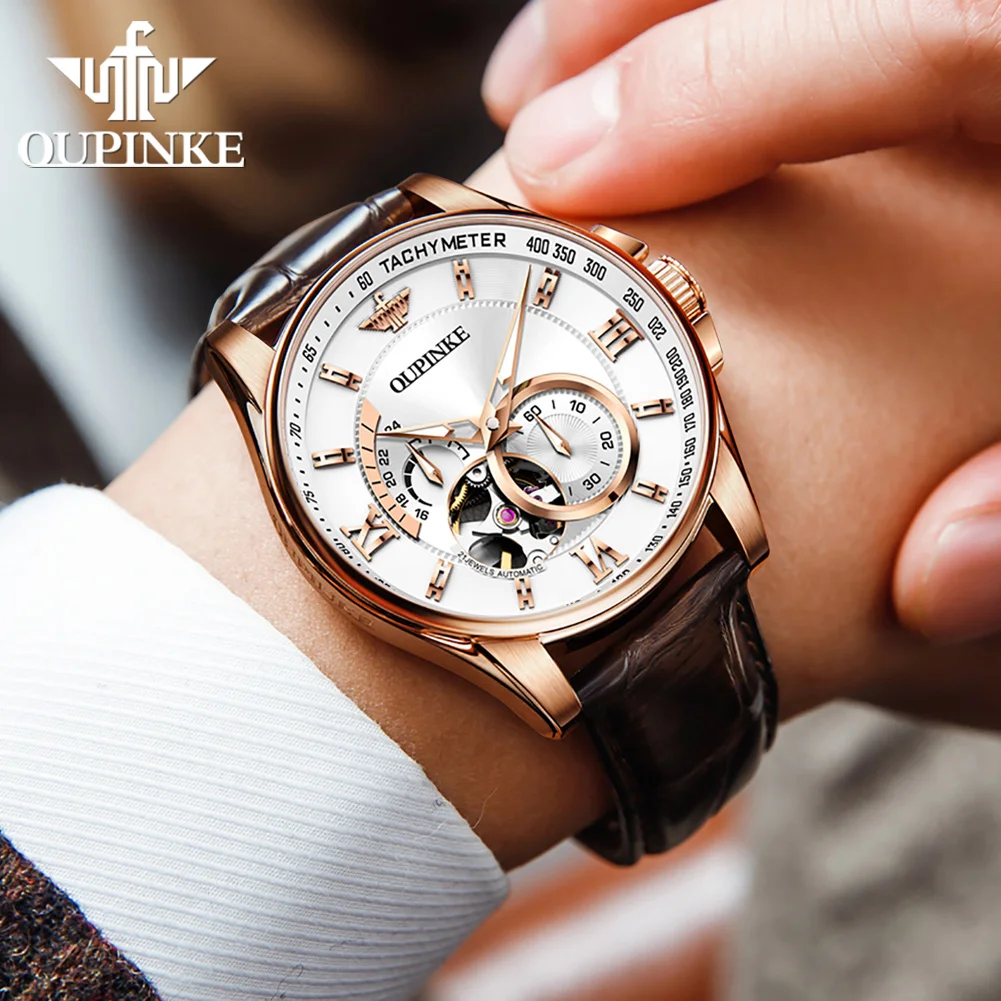 OUPINKE 3222 Luxury Original Men Watch Brand All Automatic Mechanical Watch HD Sapphire Mirror 3D Skeleton Waterproof Men Watch