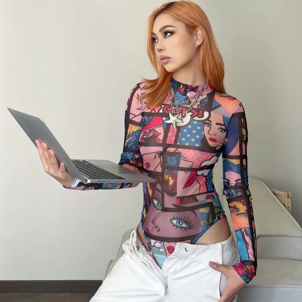 Body de Mujer con Estampado de Chica Picante de Temporada Primavera, Ajustado, Material Fino, Pantalones Largos de Cintura Media
