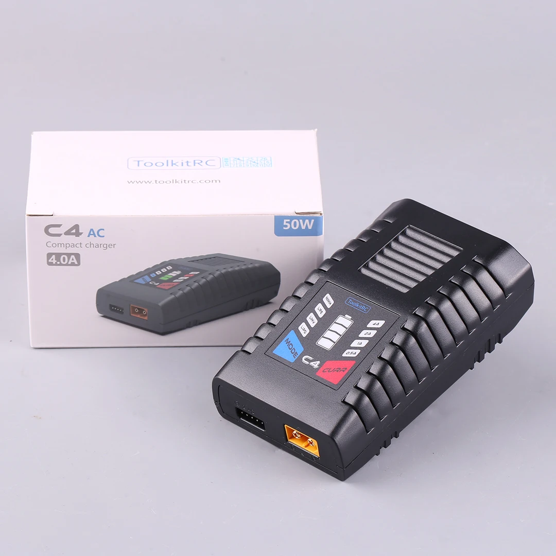 شاحن تيار متردد ToolkitRC C4 50 وات 5A مع قابس XT60 لطائرات السباق بدون طيار FPV LiPo/LiHV/LIFE 2-4S NIMH/NICD 5-8S
