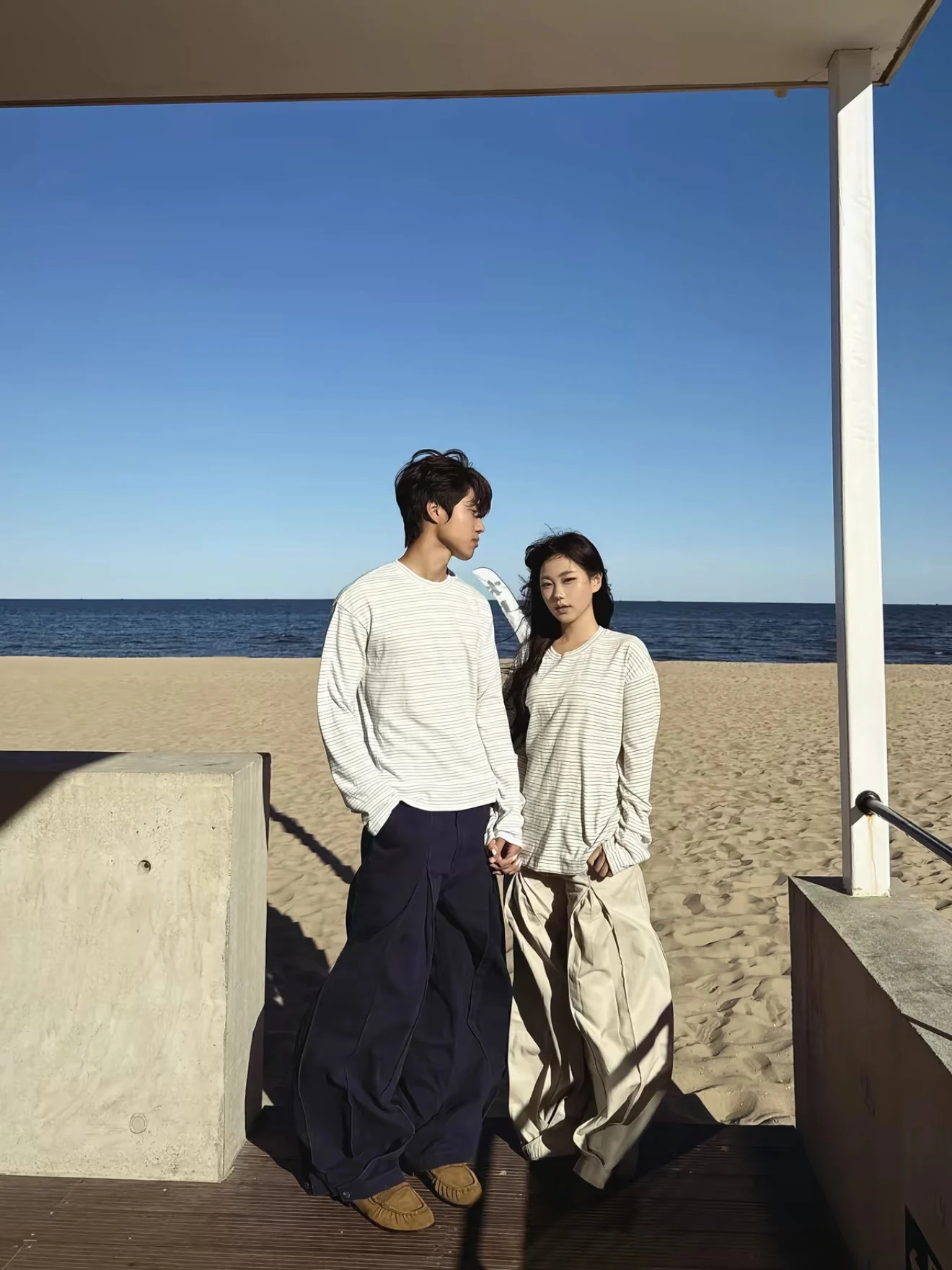 American Blue Grey Stripes round Neck Long Sleeve Loose Lazy Boxy Casual Short Wide Base Comfortable Couple T-Shirt