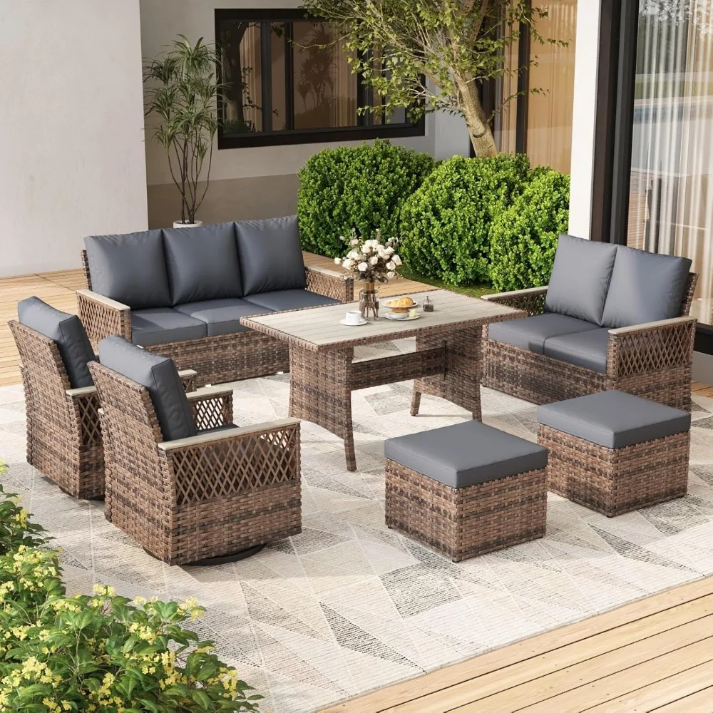 

7-Piece Patio Furniture Set, Outdoor Swivel Glide Chairs with Ottomans, 3-Seat Sofa, Loveseat & Dining Table, All-Weather Conve