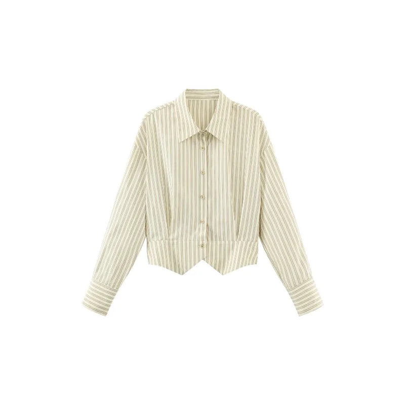 Elegant Striped Shirt Casual Slim Blouse Chic Collared Top for Women Autumn Office Wear Long Sleeve Split Hem Fashion Outfit