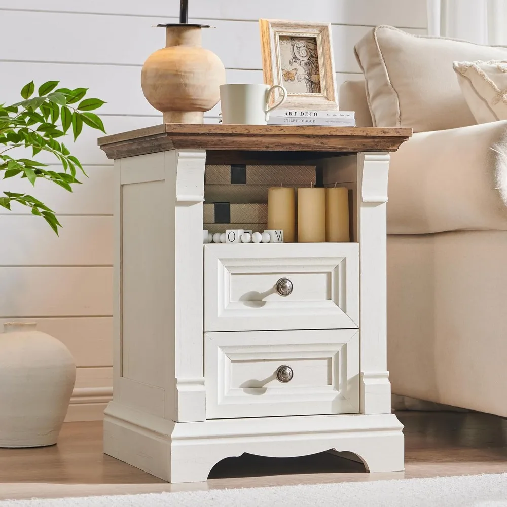 

Nightstand with Charging Station, End Table with 2 Drawers Storage, Wood Side Table w/Roman Column, Bedside Cabinet