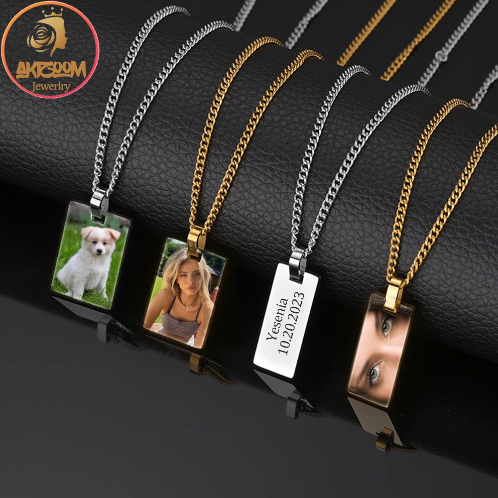 

Custom Engrave Name Photo Necklaces for Women Men Stainless Steel Personalized Picture Square Pendant Jewelry Family Couple Gift