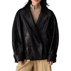 Women's Sheepskin Leather Jackets Casual Lapel Coat Drop Shoulder Loose Temperament Outwear Spring Autumn Bomber Jacket