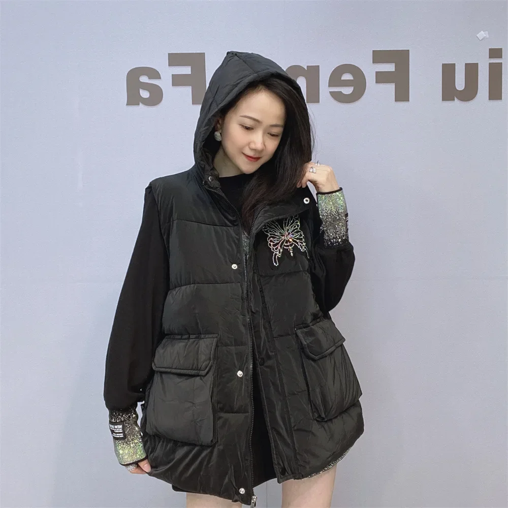 Diamonds Butterfly Women Sleeveless Wadded Jacket 2024 New Autumn Winter Large Size Hooded Vests Coat Streetwear Black Waistcoat