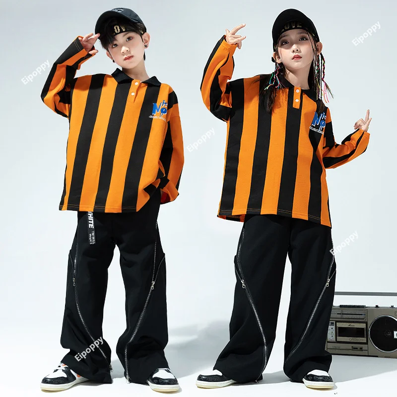 

Boys Hip Hop Striped Polo Shirt Street Dance Pants Girls Sweatshirt Zippers Joggers Child Sport Clothes Sets Kids Jazz Costumes