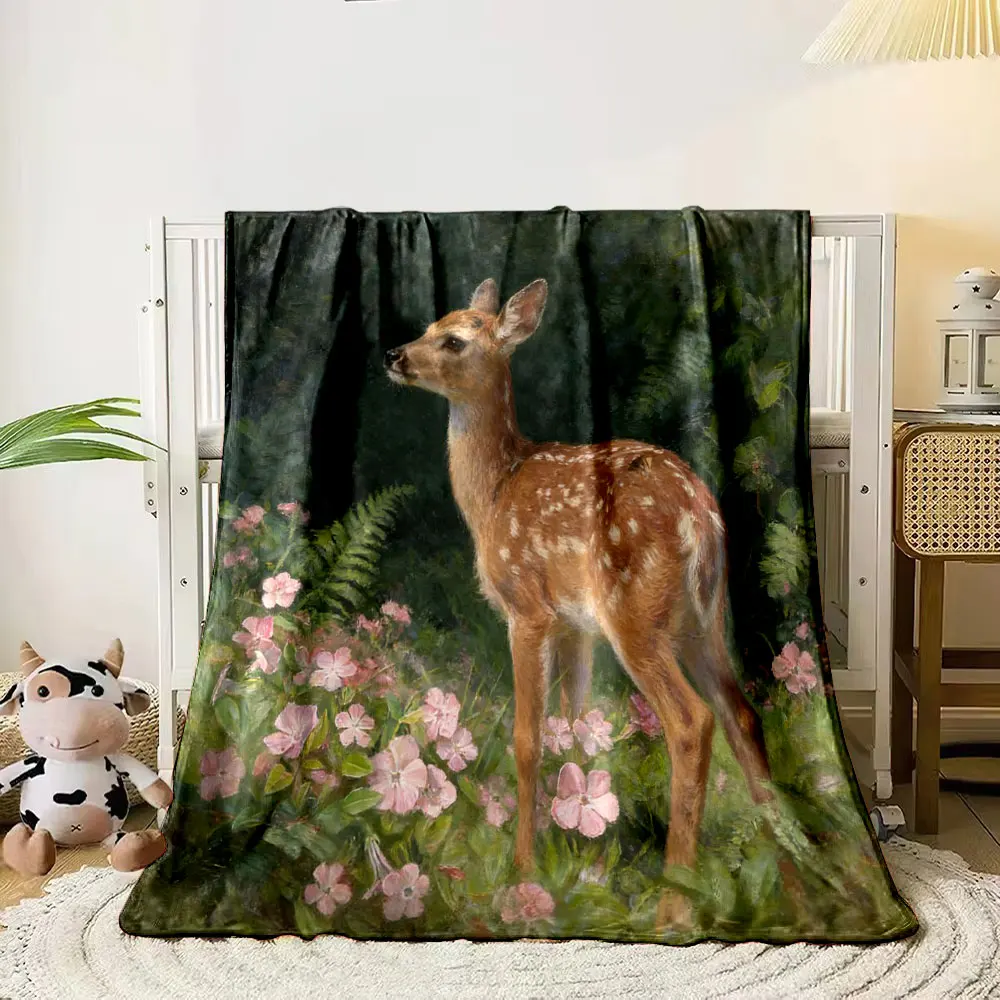 1PC The Fawn Is Surrounded By Flowers Print Warm Comfortable Blanket Home Travel Camping for Adults and Kids Luxury Gifts