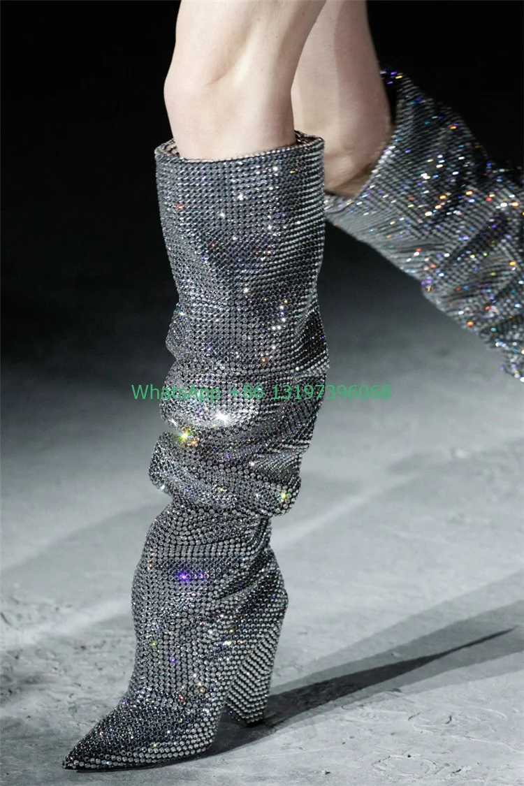 Damskie szpiczaste toe diamentowe bling stożkowe obcasy buty ze skórki cielęcej rhinestone ozdobne buty plisowane buty modele na wybiegi duże