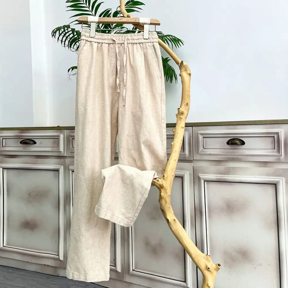 Mens Straight Casual Trousers Summer Cotton Linen Blend Pants Breathable Lightweight Soft Comfortable Basic Male Bottoms