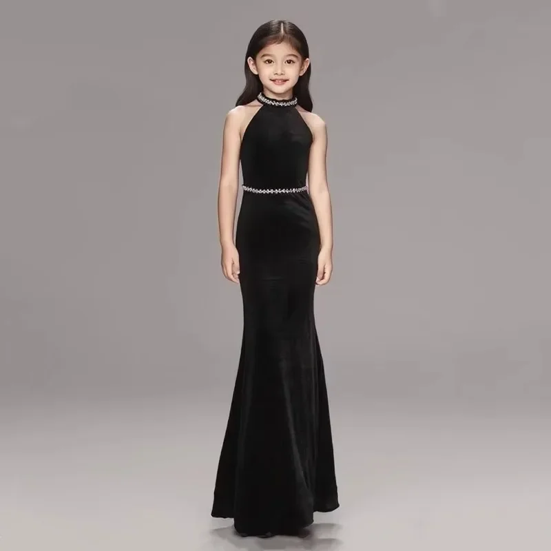 

Kids Girls Black Mermaid Evening Dress Model Formal Wear Dresses Children Birthday Party Pageant Gown for Piano Performance Host