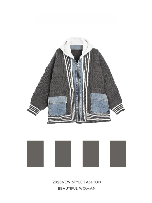 

Loose Lazy Sle Denim Patchwork Sweater Cardigan Women's Autumn New Retro Outerwear Top High Waist Long Pants Casual