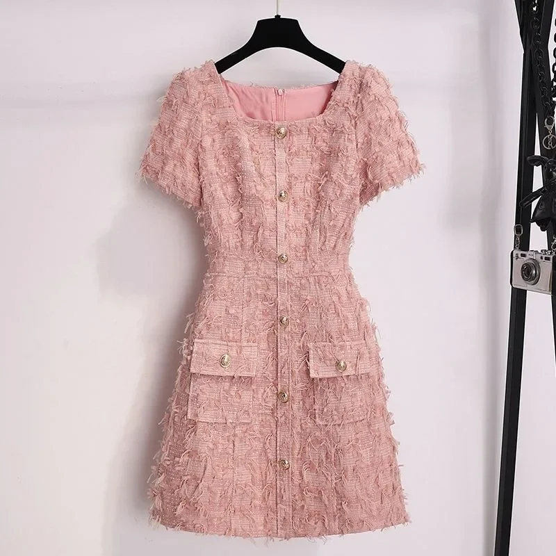 Pink Small Fragrance Dress Summer Women's 2024 New Small Salt System Light Cooked Wind Square Collar Fringe Skirt  Casual Style