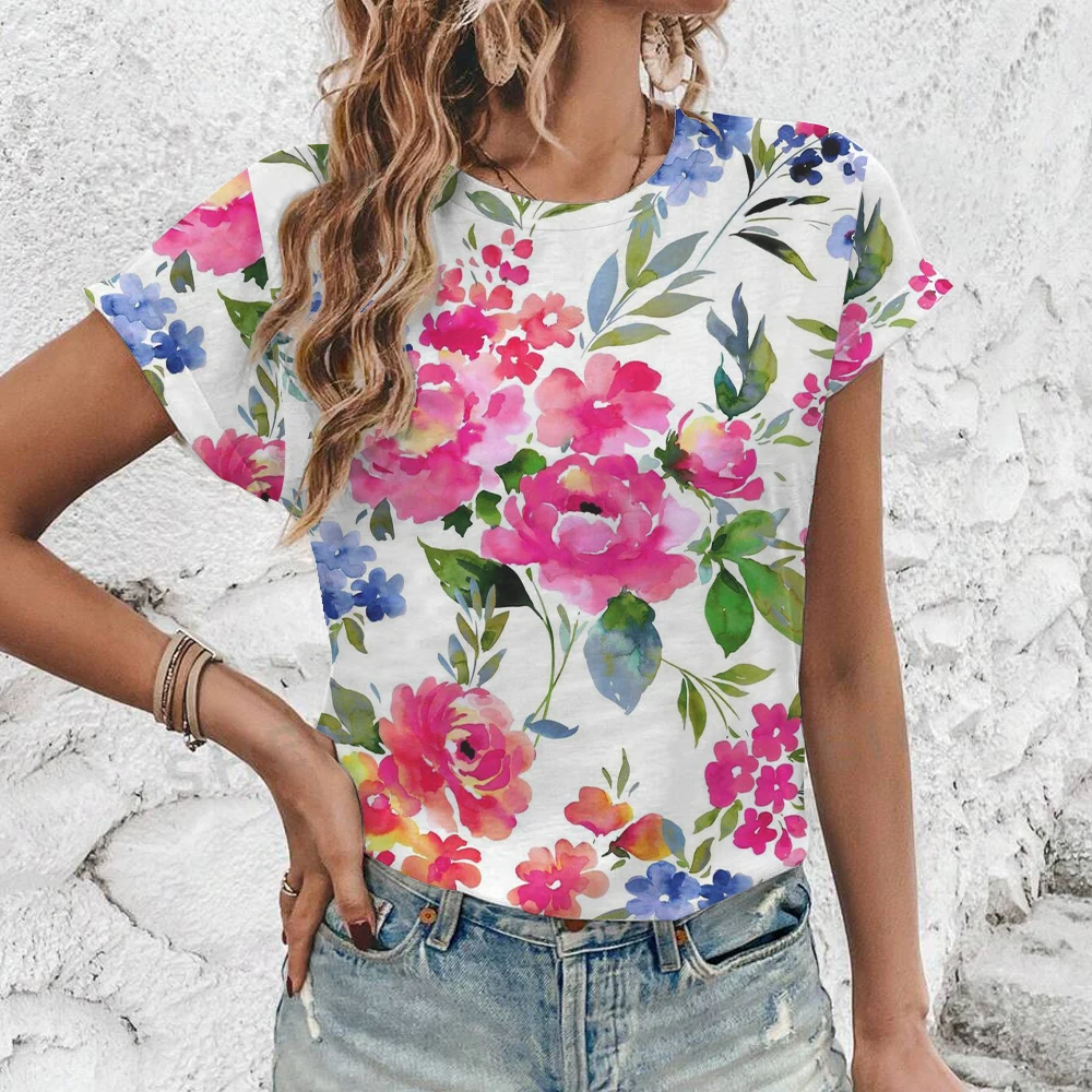 Elegant And Simple Fashion Women\'s T-shirt Summer Casual Loose Comfort O-Neck T-shirt Vintage Flower Print High Quality T-shirt