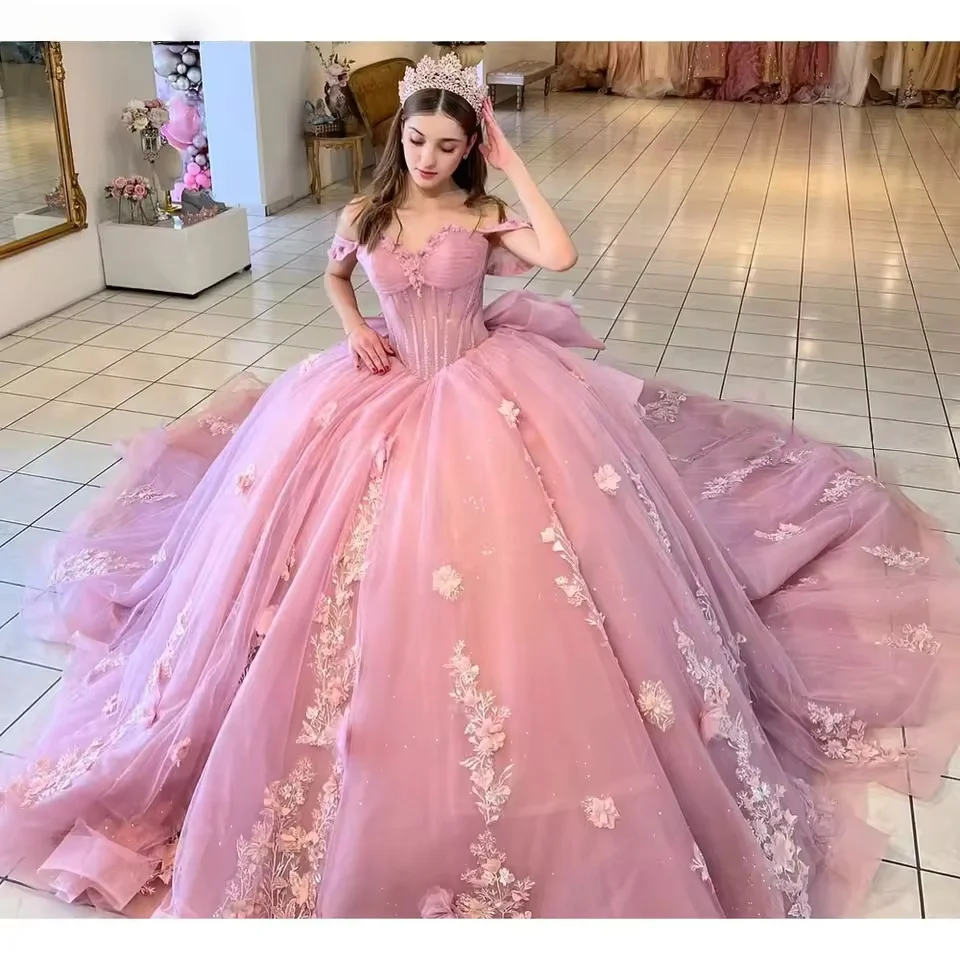 Pink Quinceanera Dresses Ball Gown Off The Shoulder Appliques Bow Sweet 16 Dresses 15 Años Customized