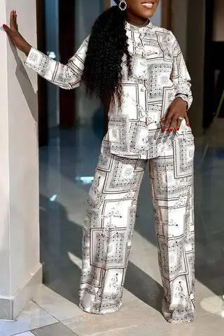 Plus Size Semi Formal Pant Set Yellow Pattern Print Button Design Wide Leg Two Piece Pant Set