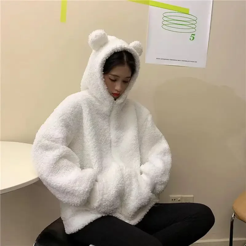 Faux Fur Long Sleeve Hooded Teddy Bear Ears Soft Hoodies White Autumn Winter Women Green Beige Zip-up Sweatshirt Kawaii Fleece