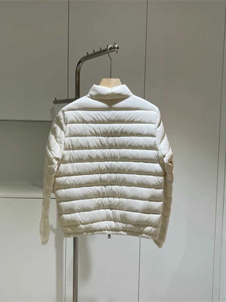 Chaqueta de plumón ligera para mujer, plumón de ganso blanco, cuello levantado, abrigo para ir al trabajo, corte recto, cremallera larga