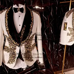 Shiny Diamond crystal Men Suits Shawl Lapel Groom Tuxedos 3Pieces Customized Wedding Prom Blazers Pants Terno Masculino Completo