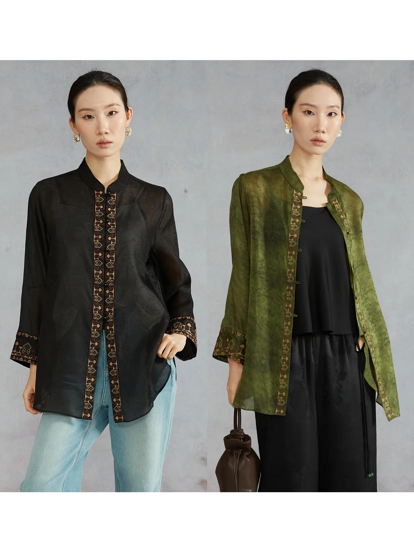 

Silviye Silk Embroidered Stand Collar Shirt Long Sleeve Women's Spring Fashion Straight Cut True Silk Siliqin Medium Length