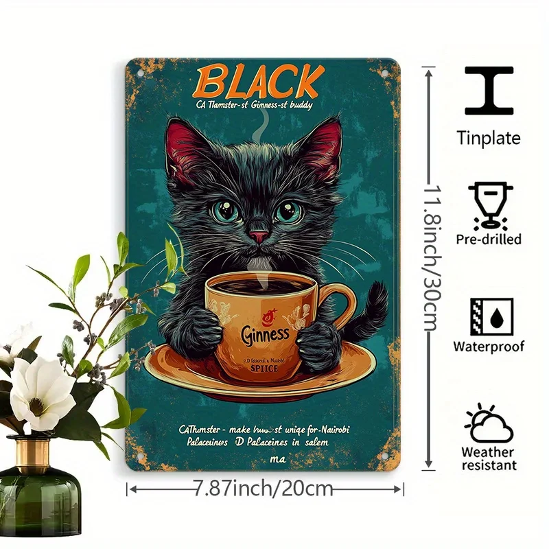 Black Cat Holding Guinness Coffee Mug Pattern Metal Sign, , Vintage Style with Artistic Touch, Suitable for Home Decor,