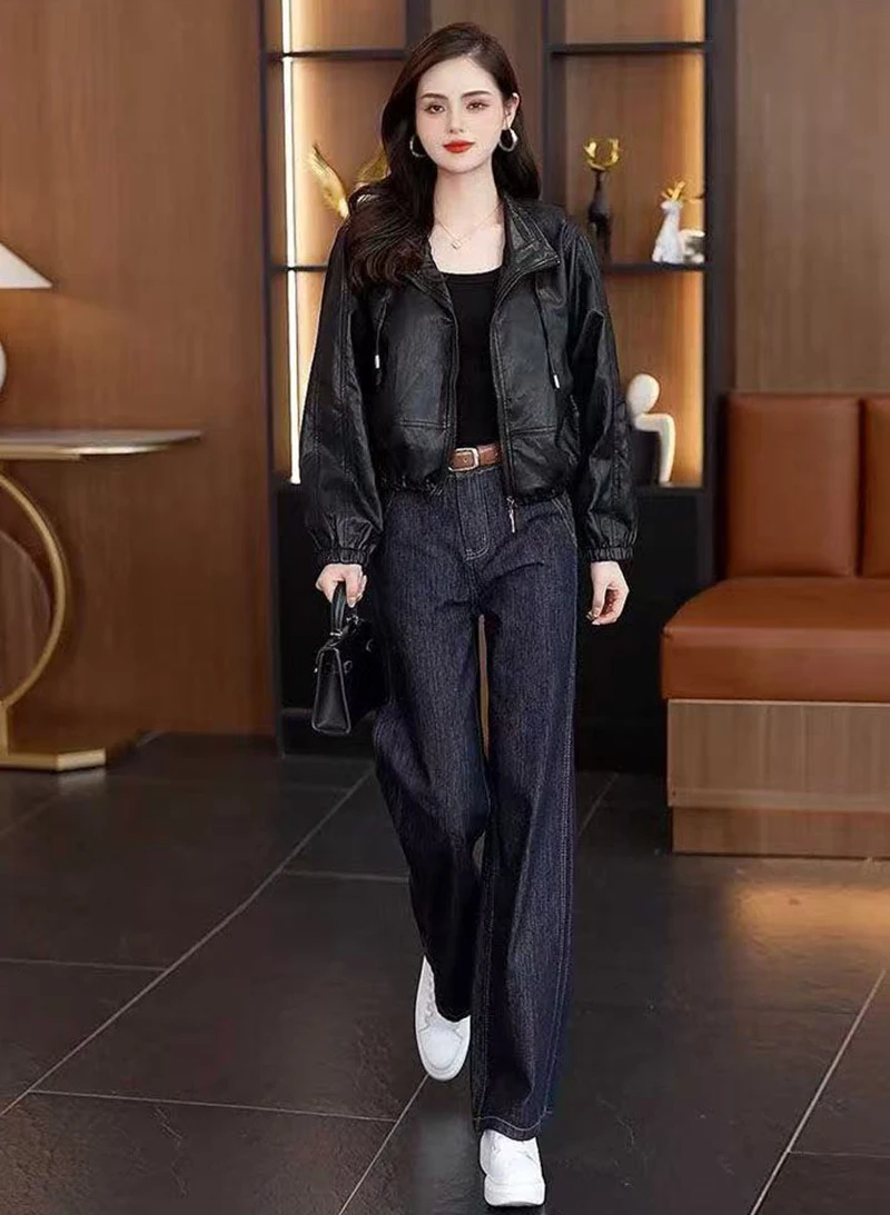 Chic Black Women Faux Leather Jacket Zip Up Lapel Collar Drawstring Hem Loose Oversized Pockets Streetwear Moto Outerwear Top